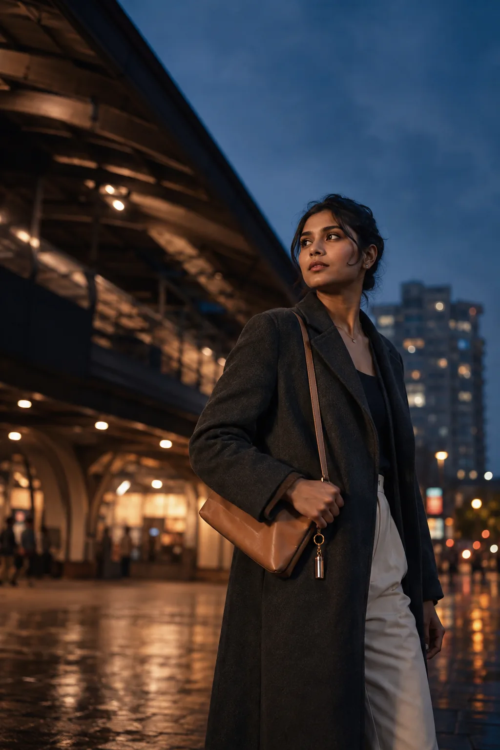 A woman carrying a small personal-safety keyring outside a Mumbai transit station at blue hour